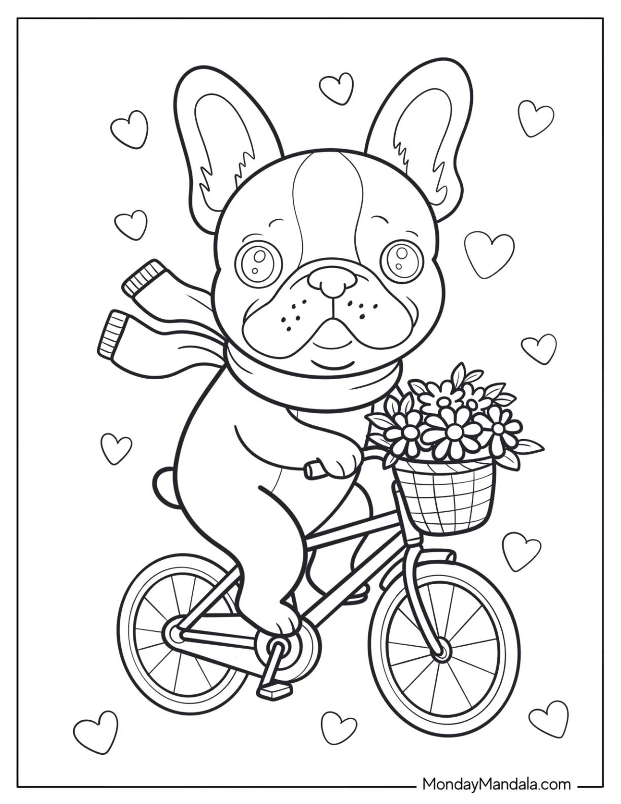 Kawaii French Bulldog Coloring Page Riding a Bicycle with Flower Basket coloring page — printable line art