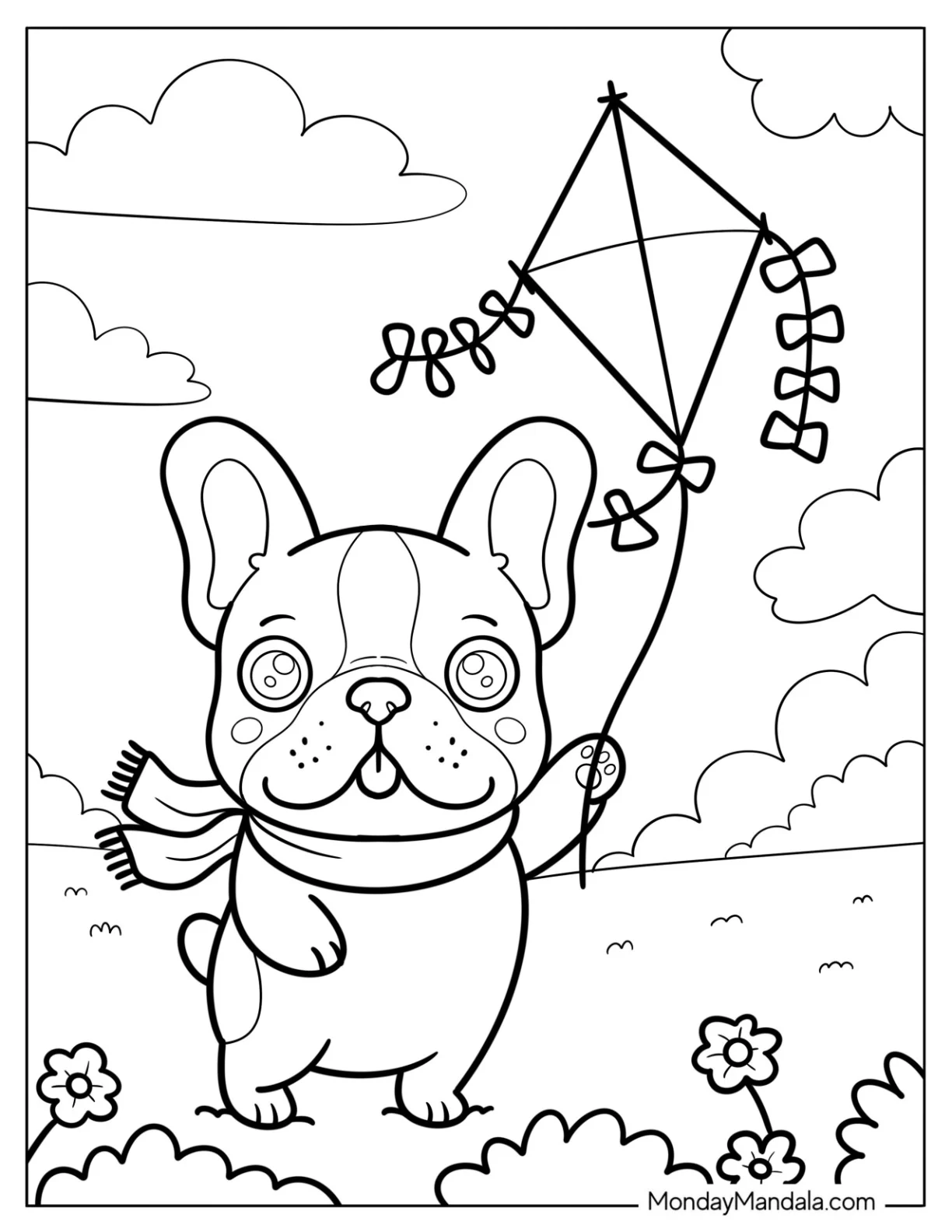 Little French Bulldog Coloring Page Flying a Kite at the Park for Preschoolers coloring page — printable line art