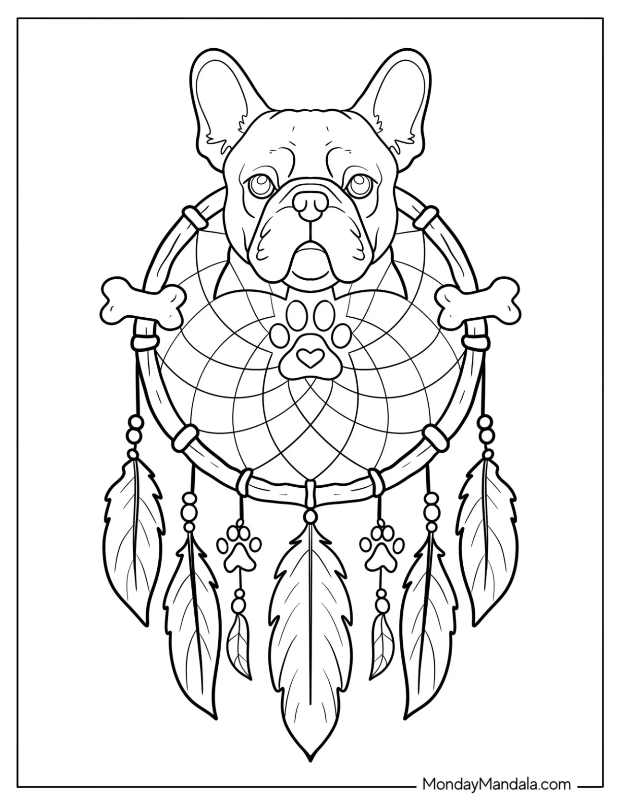 Magical French Bulldog Coloring Page Dreamcatcher coloring page — printable line art