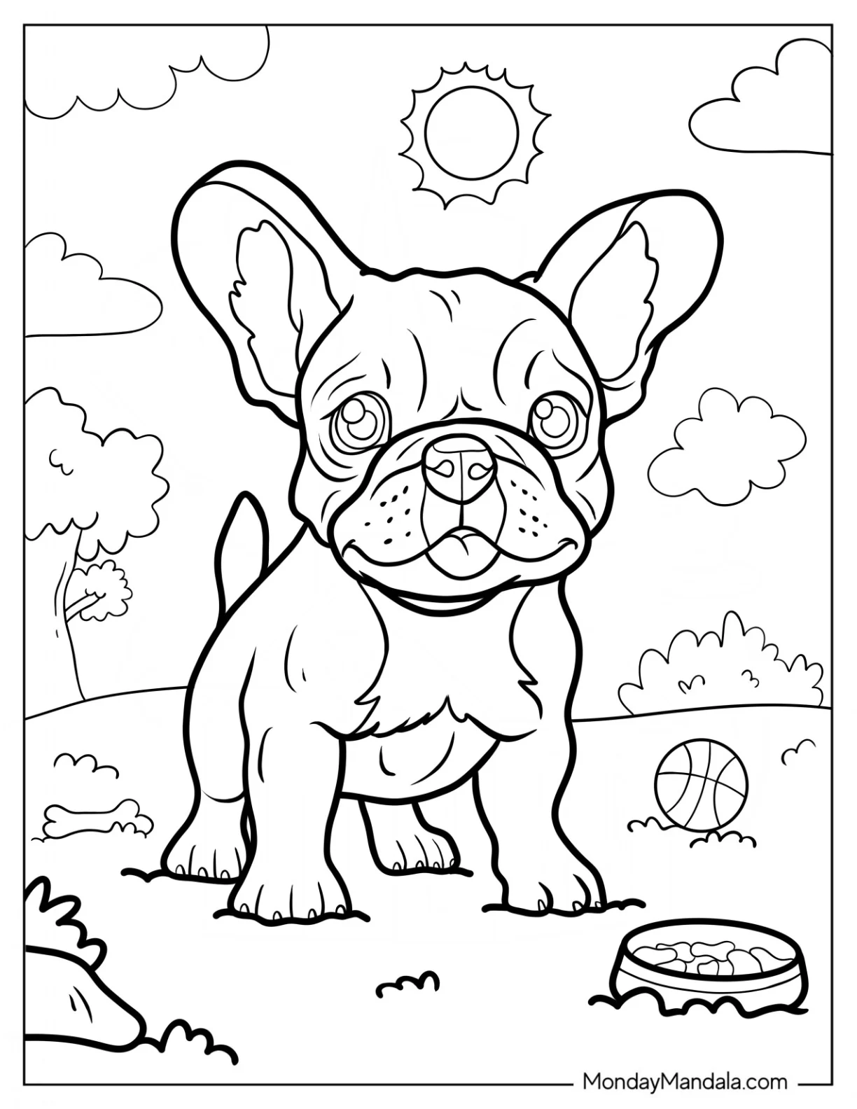 Puppy French Bulldog Coloring Page Playing In The Backyard coloring page — printable line art