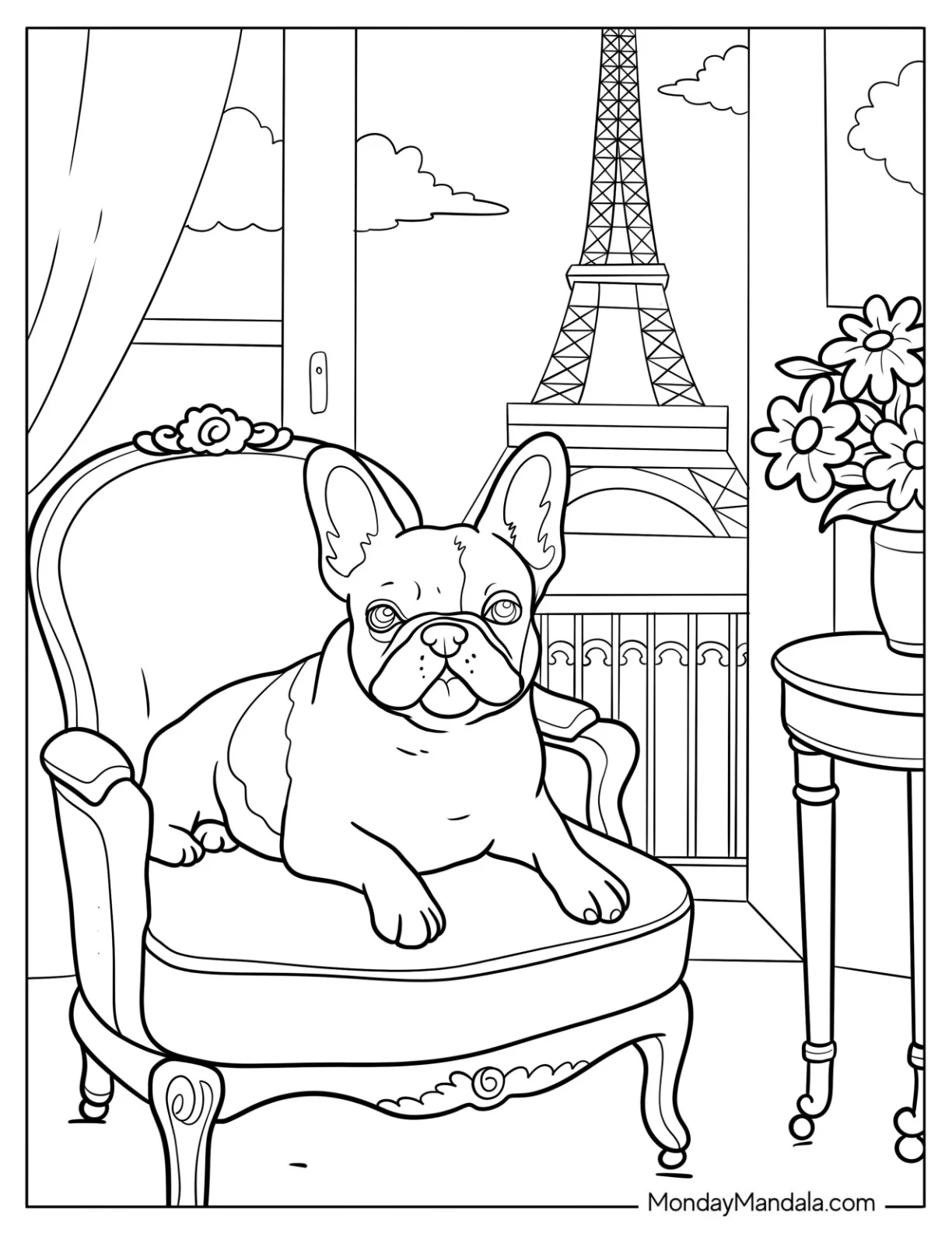 Realistic French Bulldog Coloring Page Resting on a Chair with View of Eiffel Tower coloring page — printable line art