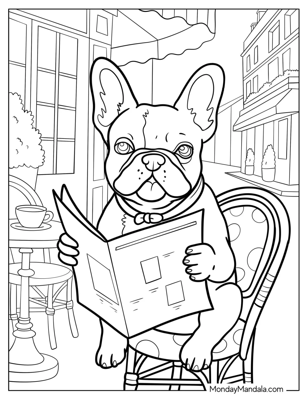Smart French Bulldog Coloring Page Reading a Newspaper in a Cafe coloring page — printable line art