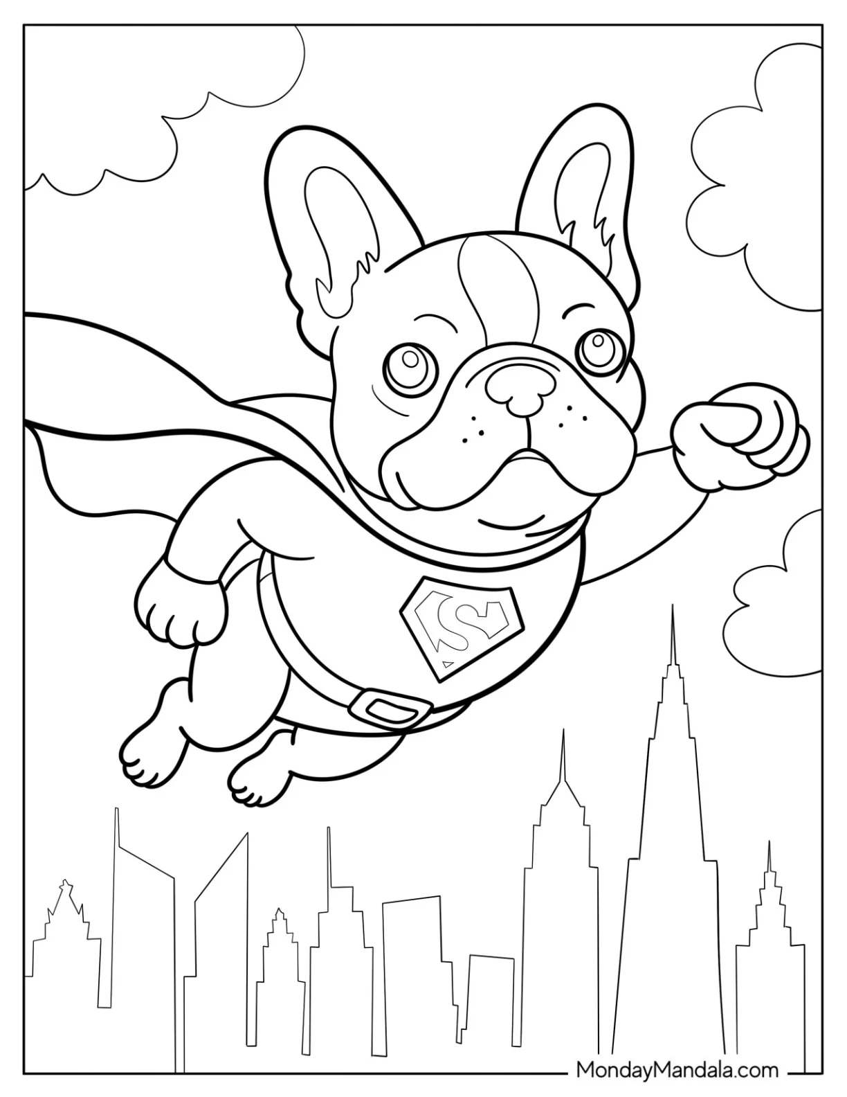 Superhero French Bulldog Coloring Page Flying over a City for Kids coloring page