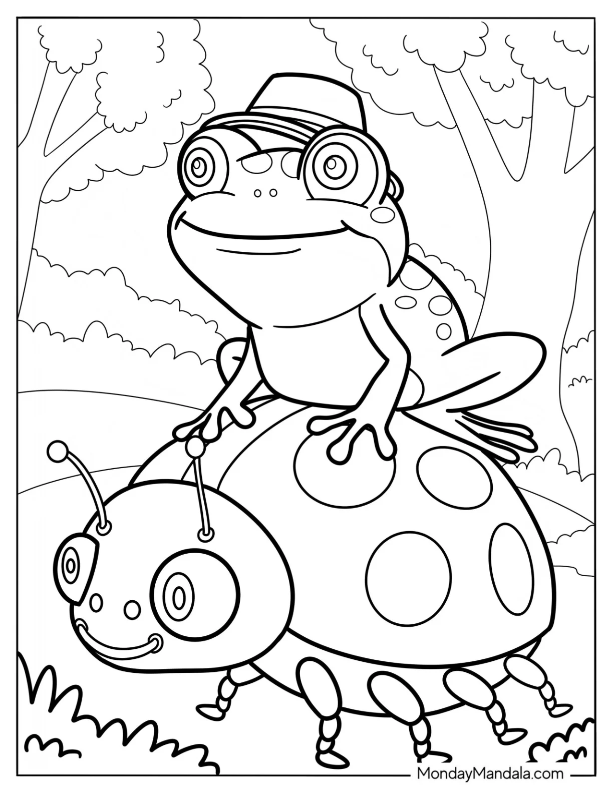 Big Ladybug Carrying A Frog Coloring Page On Its Back coloring page