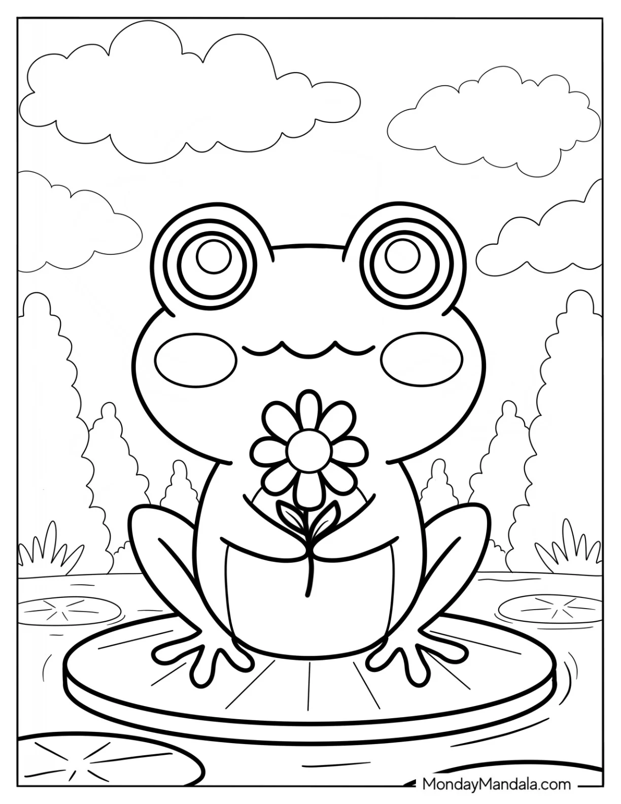 Blushing Frog Coloring Page Holding A Flower For Kids coloring page