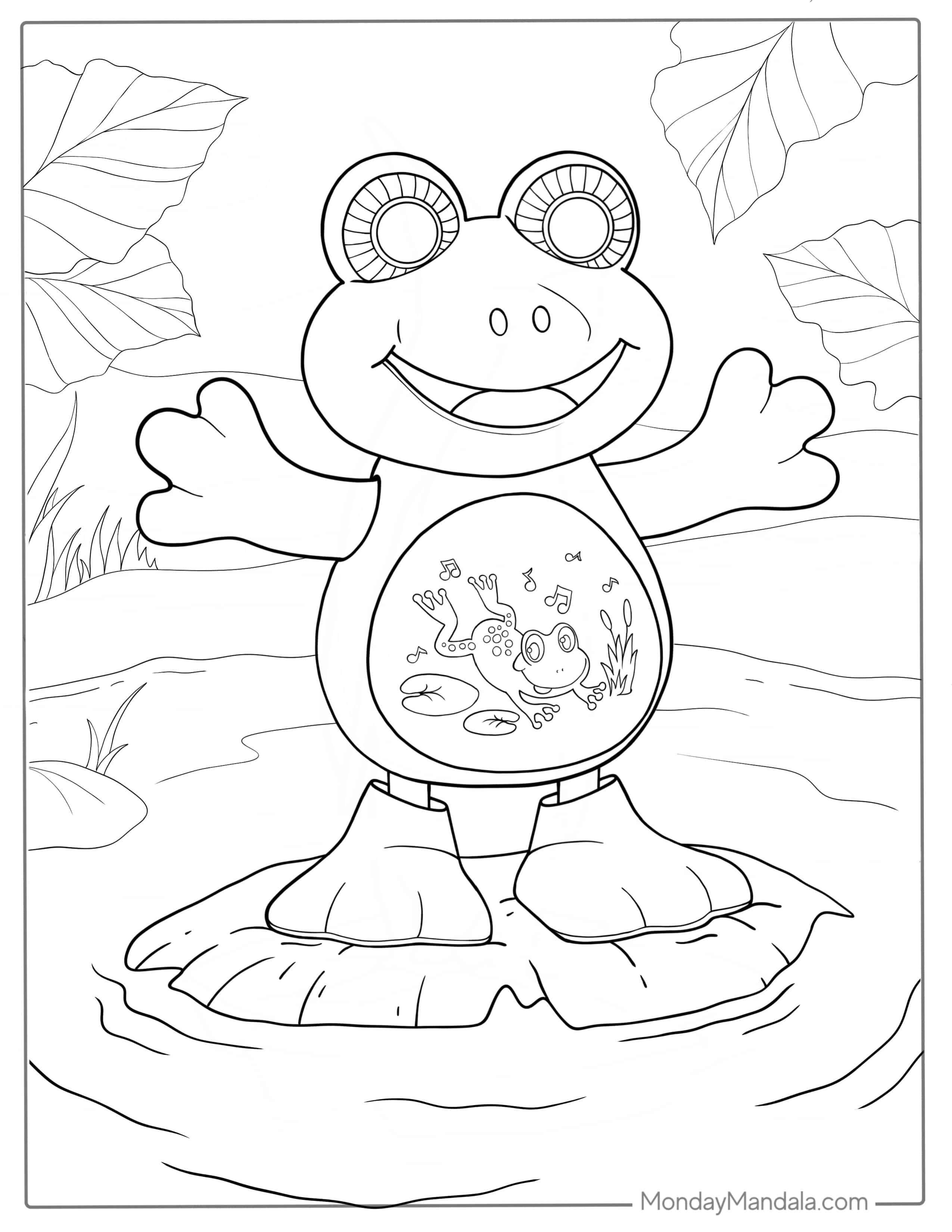 Cartoon Frog In Pond Coloring Sheet coloring page — printable line art