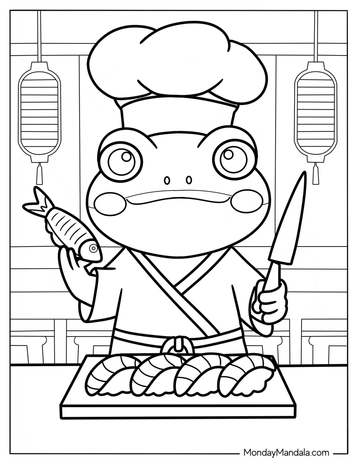 Chef Frog Coloring Page Making Sushi In The Kitchen coloring page