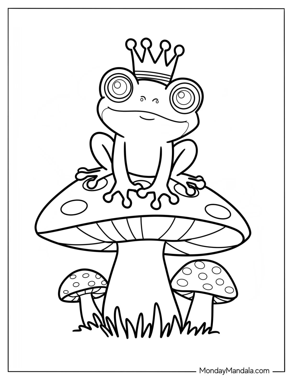 Easy King Frog Coloring Page Sitting On A Mushroom For Kids coloring page — printable line art