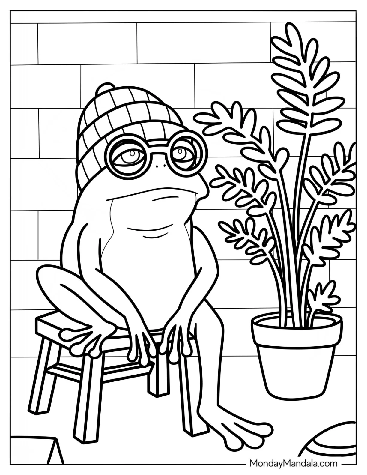 Elderly Frog Coloring Page Wearing Glasses And A Beanie While Sitting On A Chair coloring page