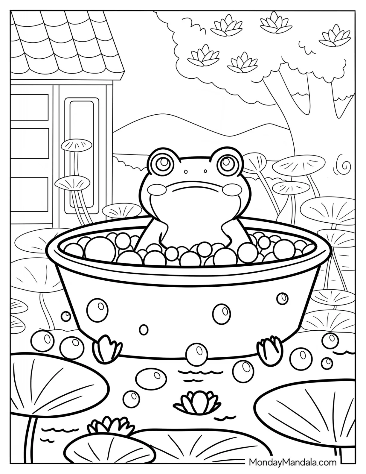 Frog Coloring Page Enjoying A Bubble Bath coloring page — printable line art