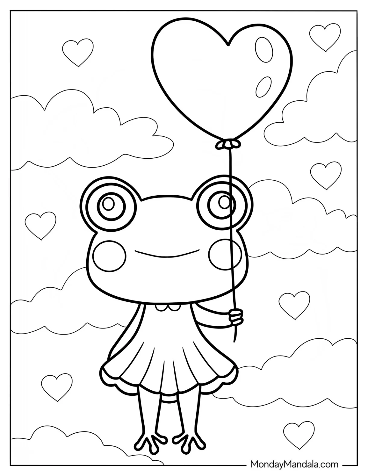 Frog Coloring Page In A Dress Holding An Umbrella In The Sky For Preschoolers coloring page — printable line art
