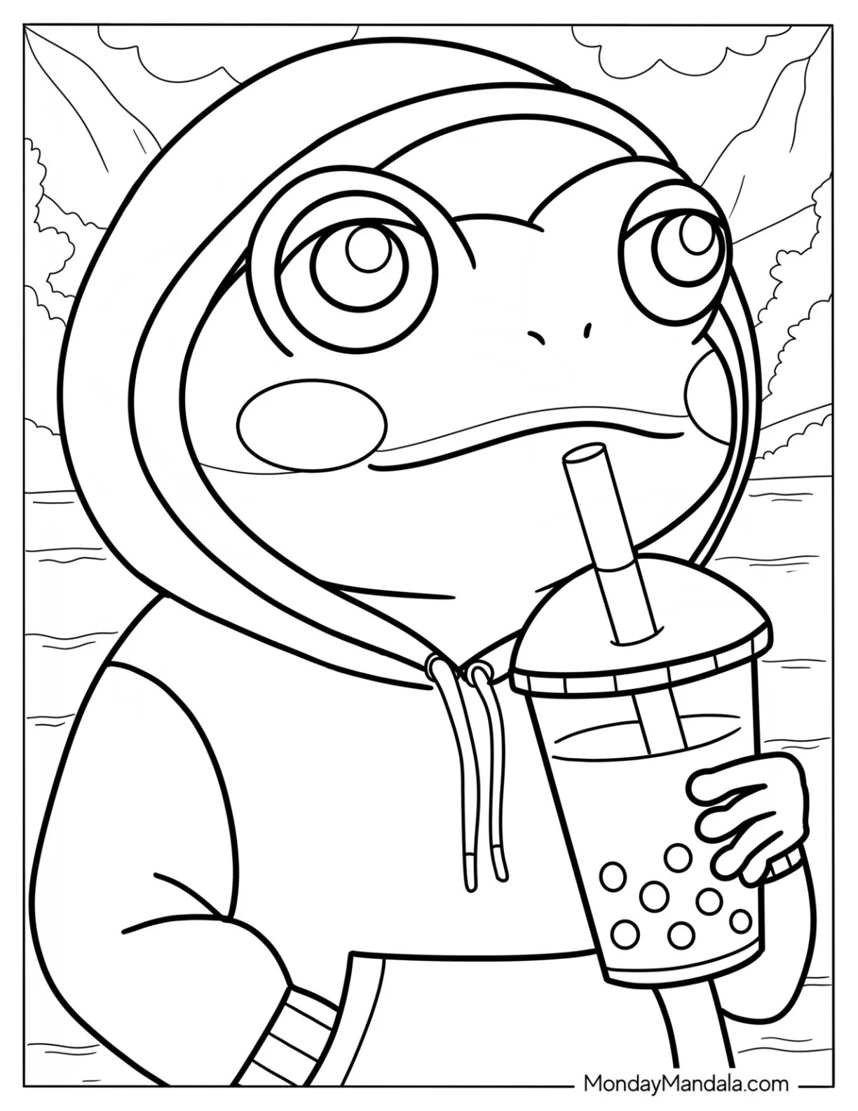 Frog Coloring Page In A Hoodie Drinking Boba Tea For Preschoolers coloring page — printable line art