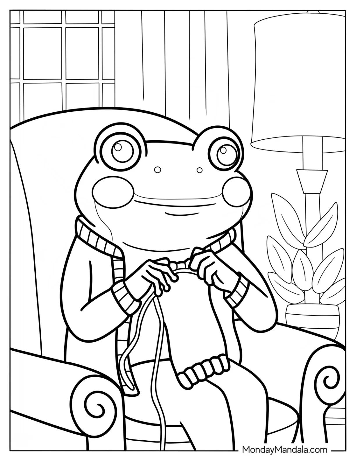Frog Coloring Page Knitting In A Cozy Armchair coloring page — printable line art
