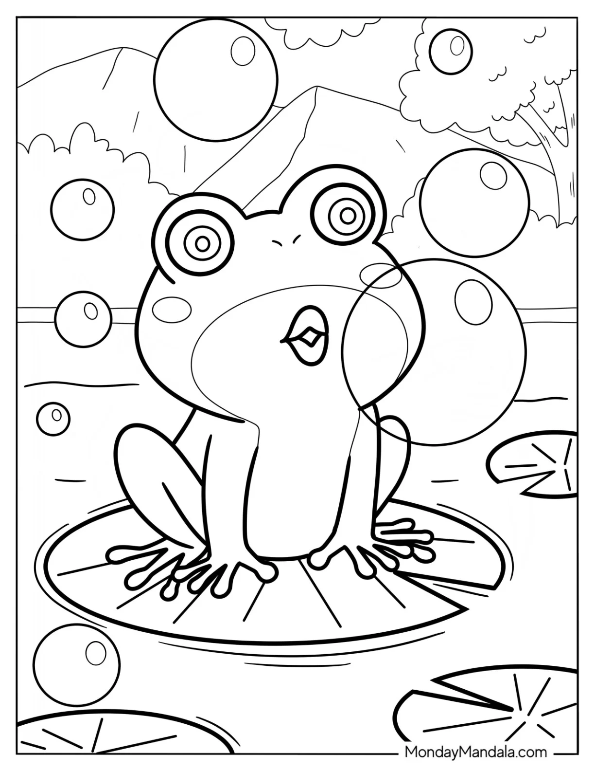 Frog Coloring Page Marveling At Bubbles For Kids coloring page — printable line art