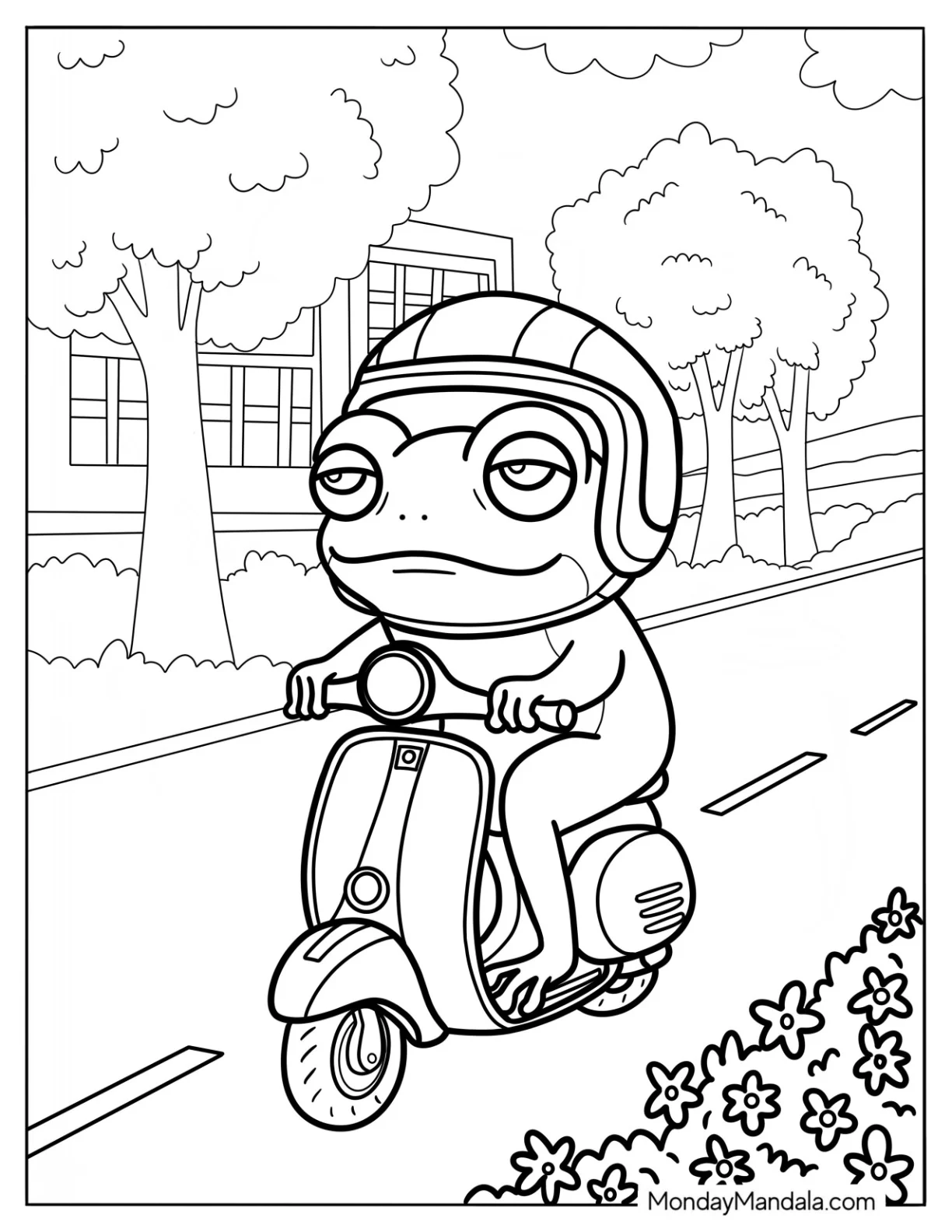 Frog Coloring Page Riding A Scooter For Kids coloring page