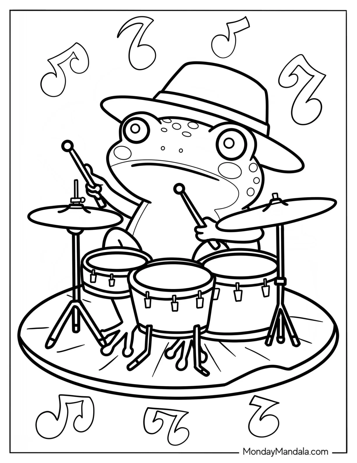 Frog Coloring Page With Fedora Hat Playing The Drums For Kids coloring page — printable line art