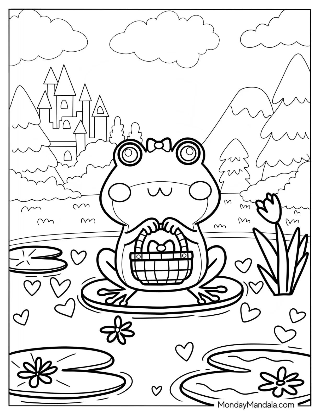 Girl Frog Coloring Page With Bow Holding A Basket In A Pond coloring page — printable line art