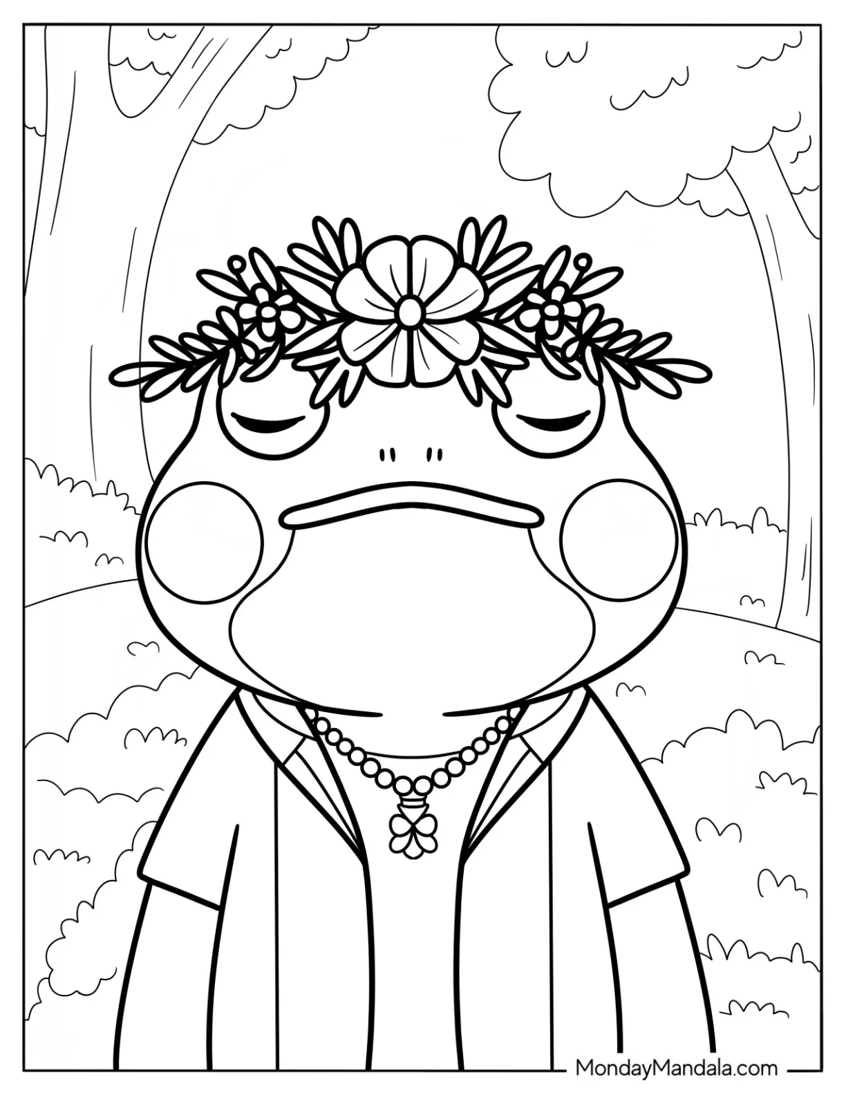 Hippie Frog Coloring Page Wearing A Flower Wreath coloring page — printable line art