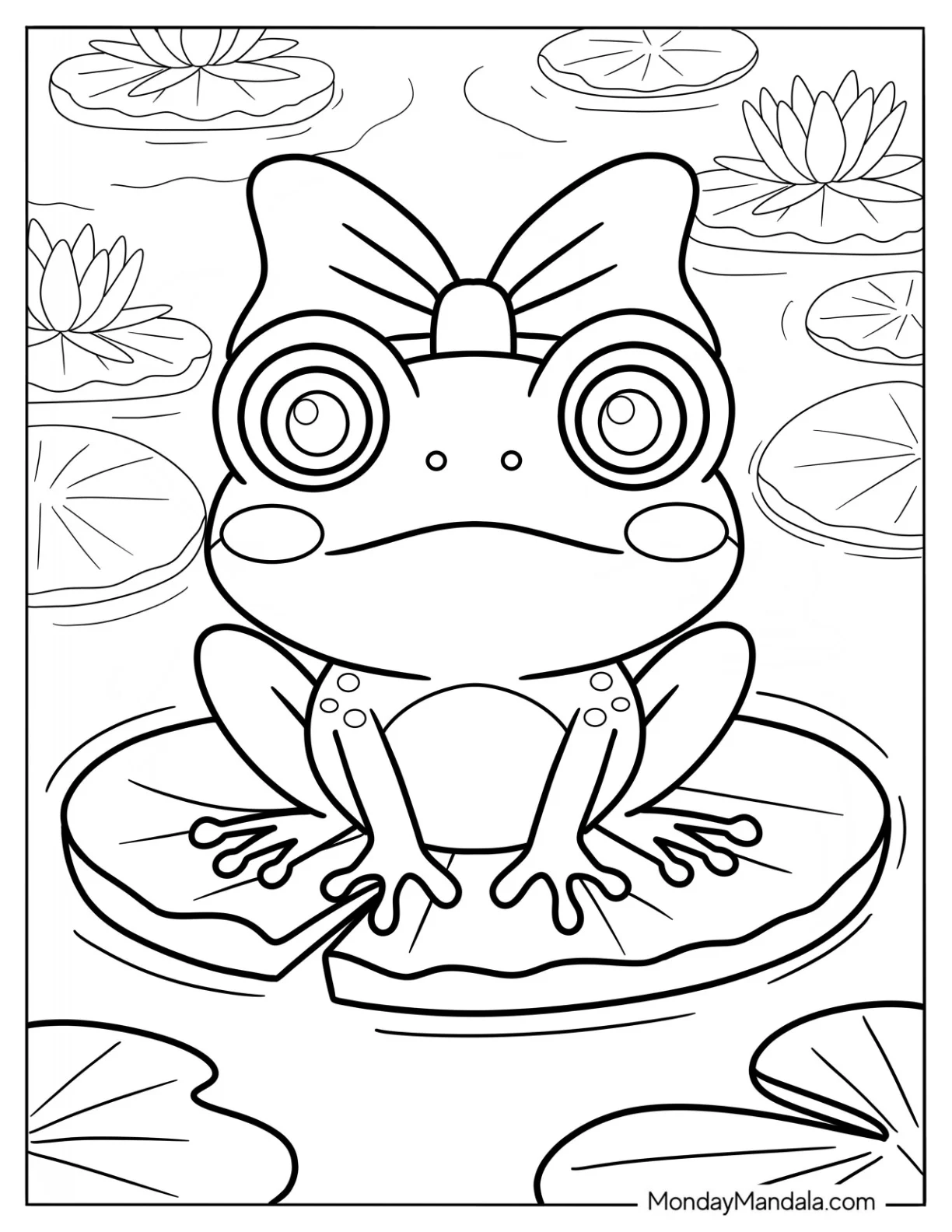 Kawaii Frog Coloring Page With A Bow Sitting On A Lily Pa coloring page — printable line art