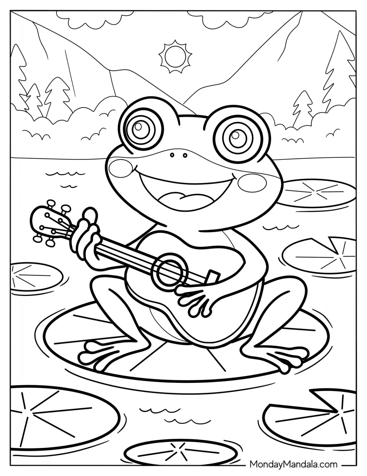 Musical Frog Playing The Guitar In Nature coloring page
