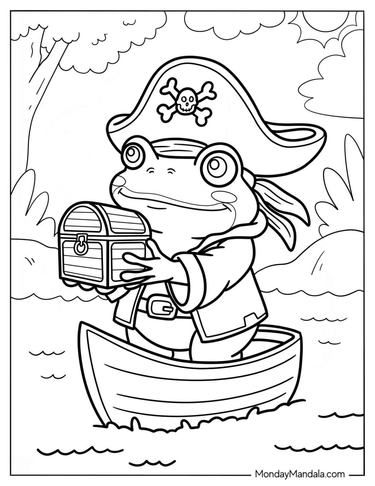 Pirate Frog Coloring Page Holding A Treasure Chest coloring page