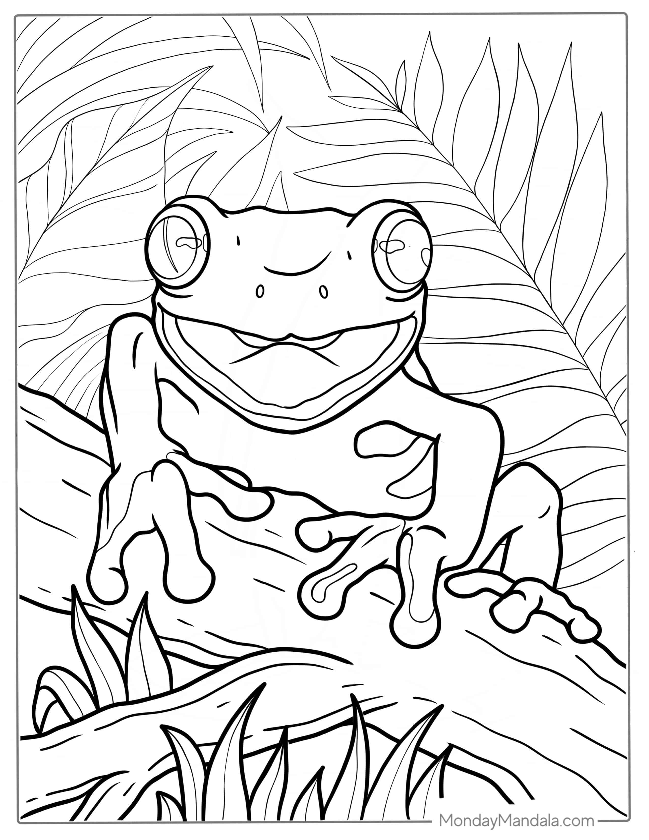 Smiling Frog Resting On Log coloring page — printable line art