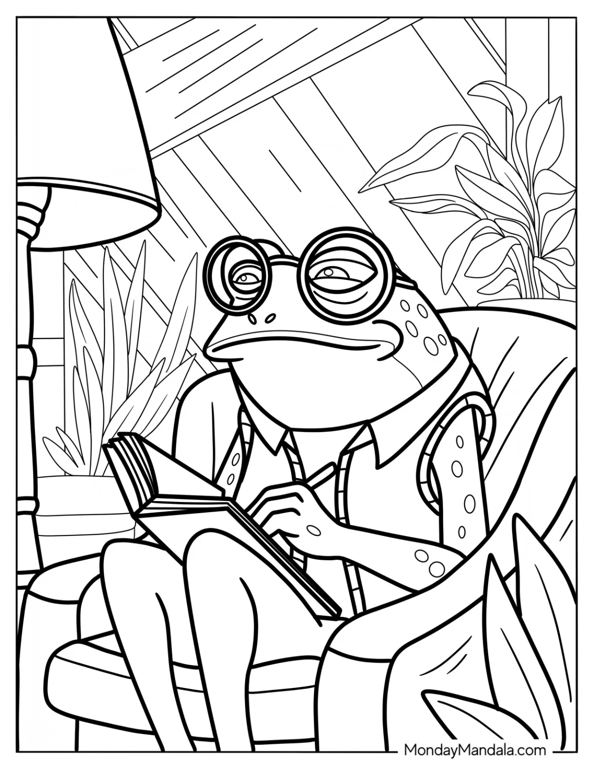 Spotted Nerdy Frog Reading A Book Coloring Sheet coloring page