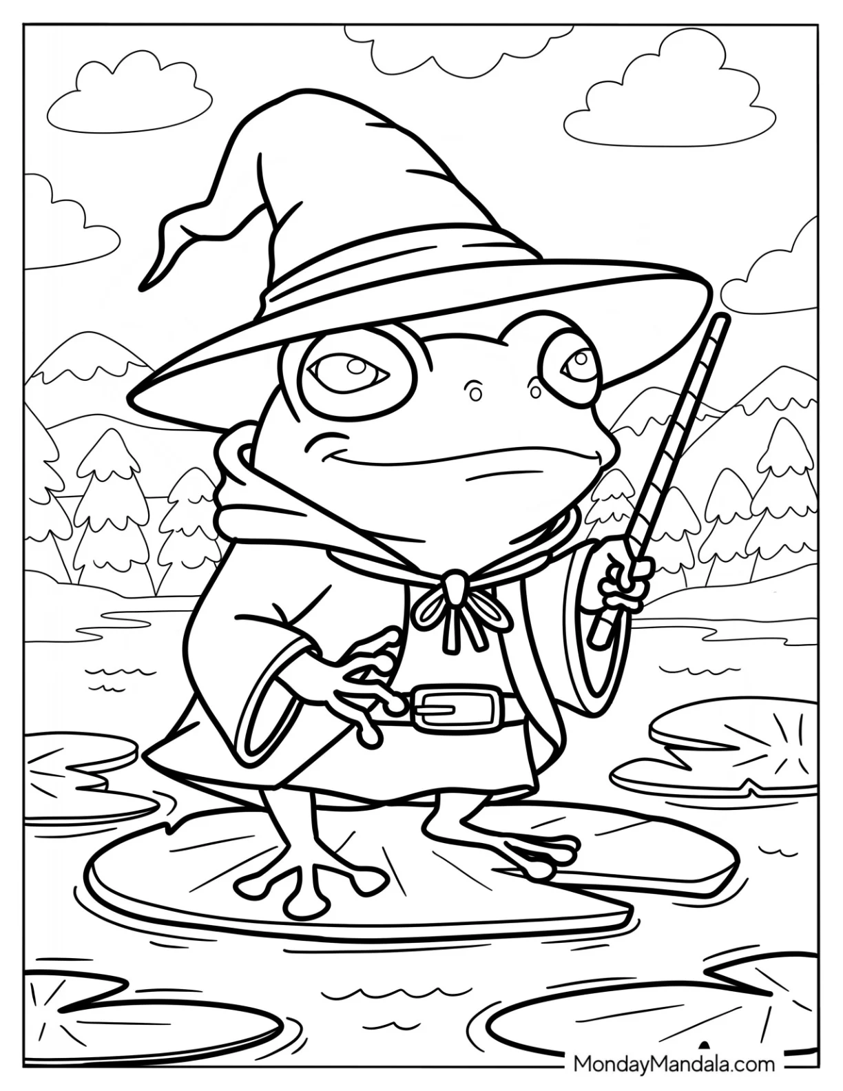 Wizard Frog Coloring Page Holding A Wand coloring page — printable line art