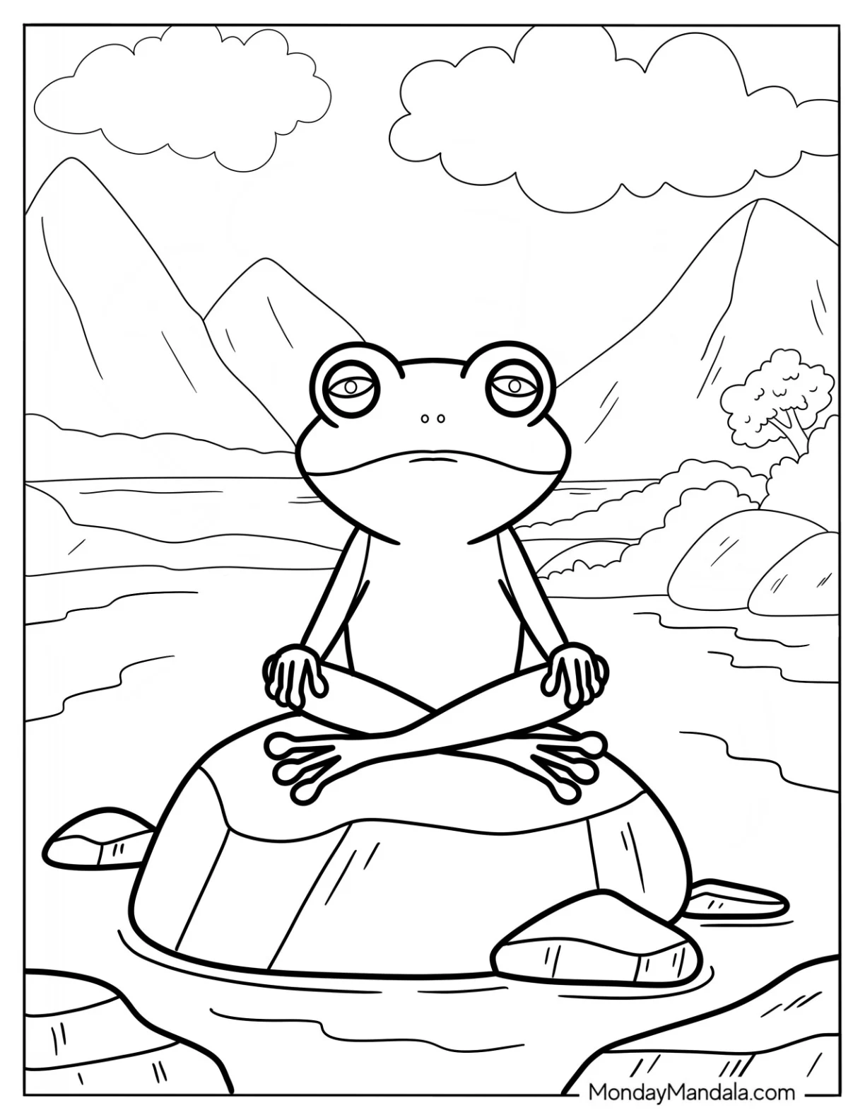 Zen Frog Coloring Page Meditating On A Rock coloring page — printable line art