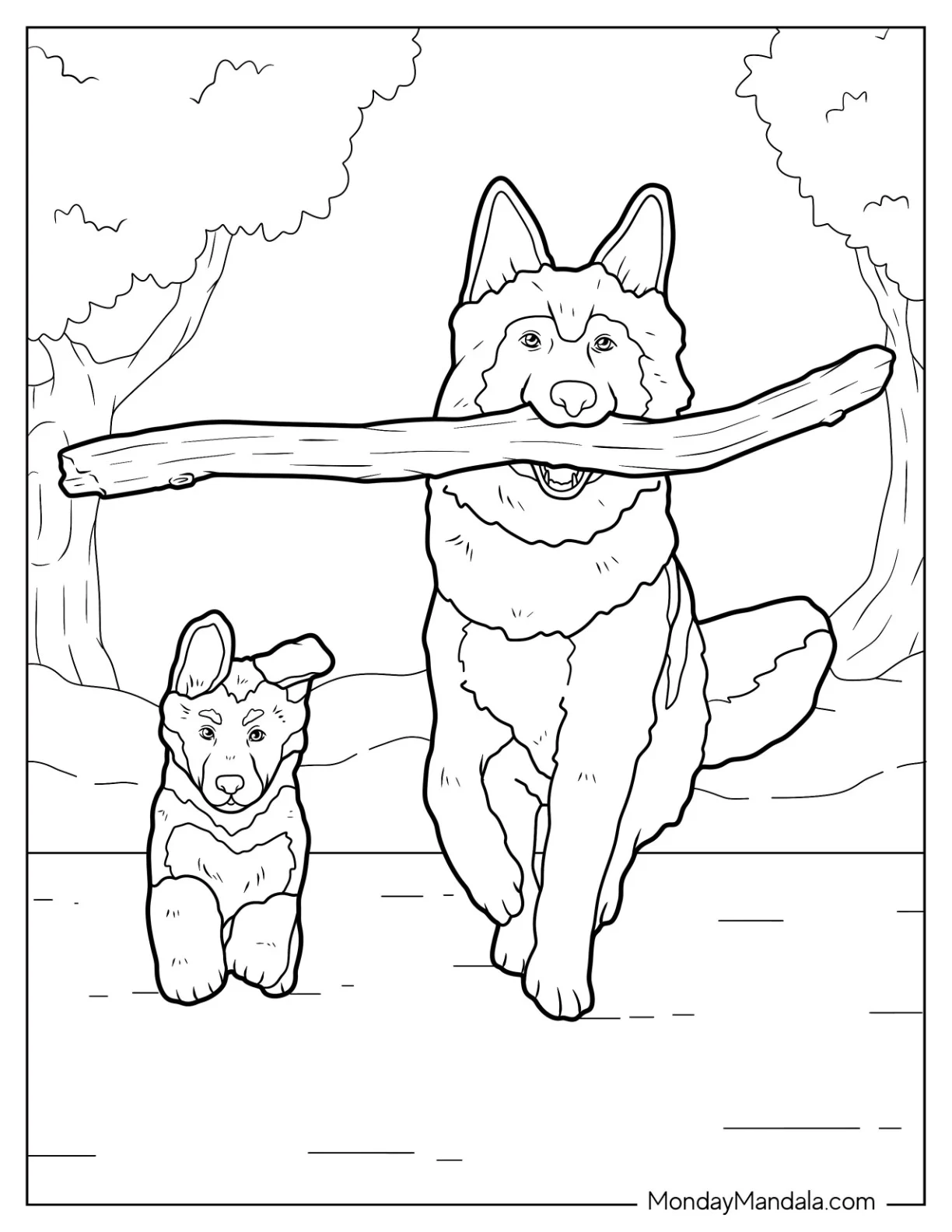 Adult German Shepherd Coloring Page Carrying Stick With Puppy coloring page