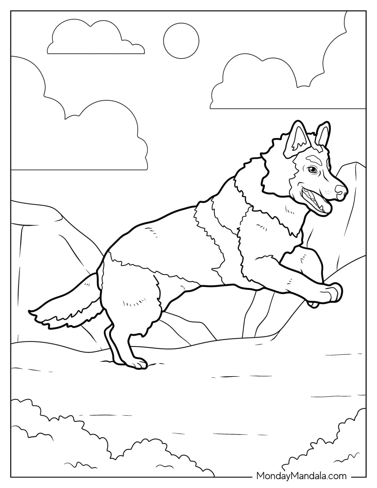 Adult German Shepherd Coloring Page On Rocky Terrain coloring page