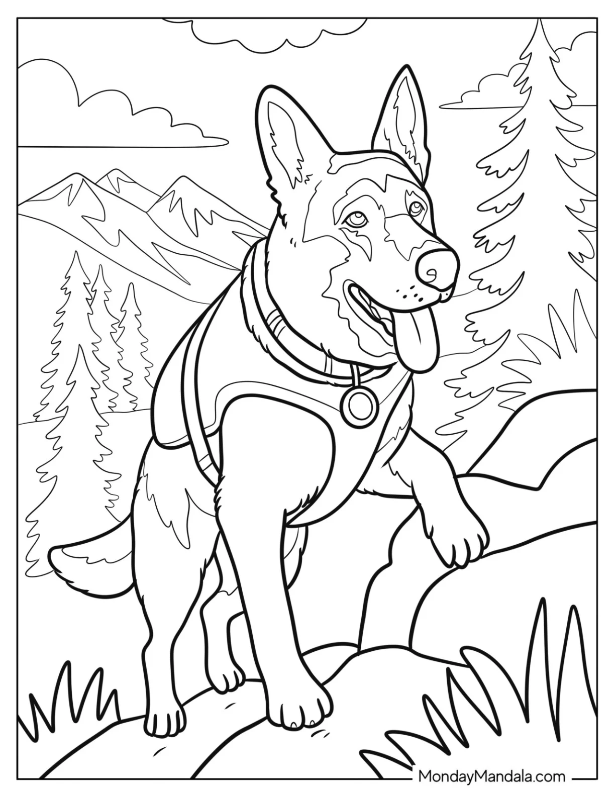 Adventurous German Shepherd Coloring Page with Harness Climbing Rocks coloring page — printable line art
