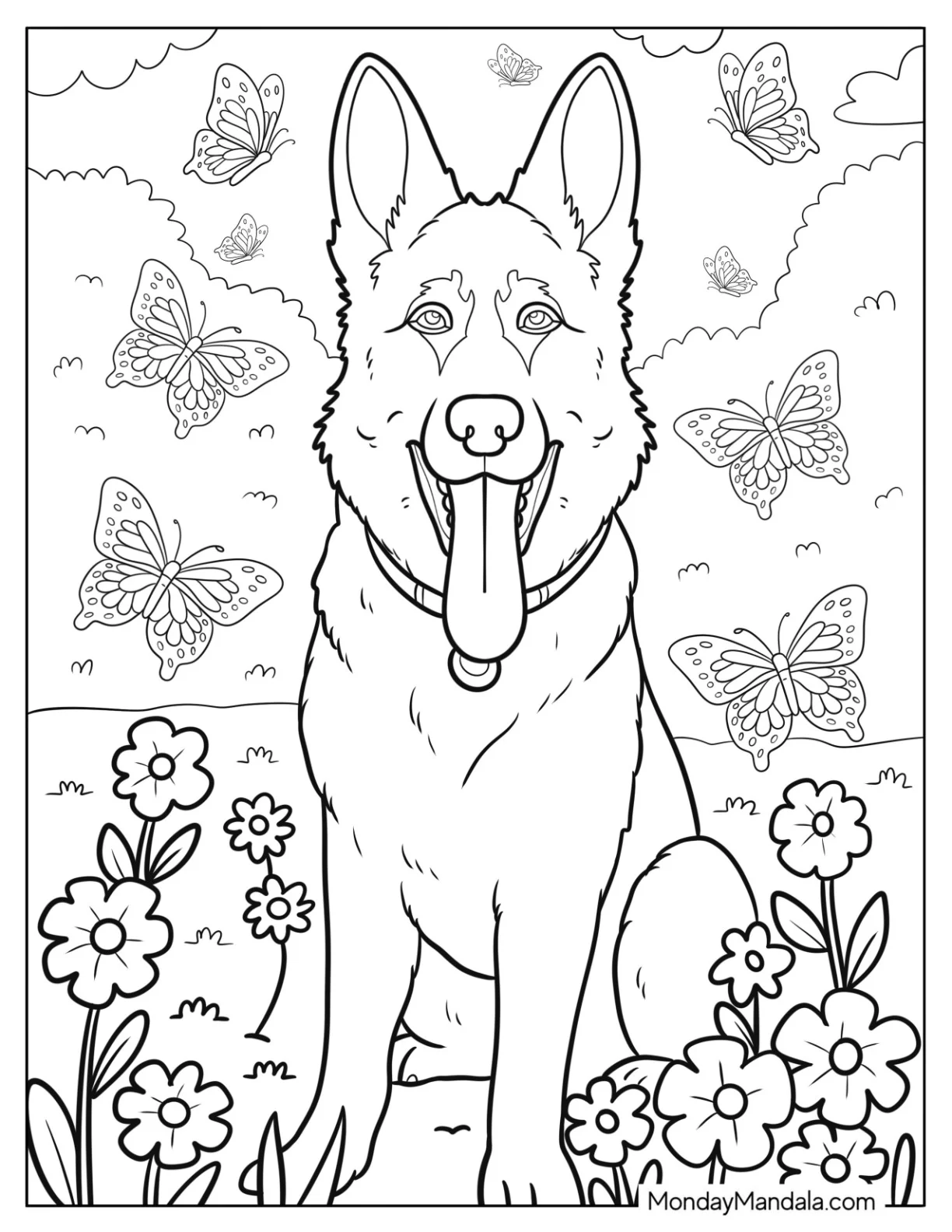 Beautiful German Shepherd Coloring Page with Collar Sitting in a Park with Butterflies coloring page