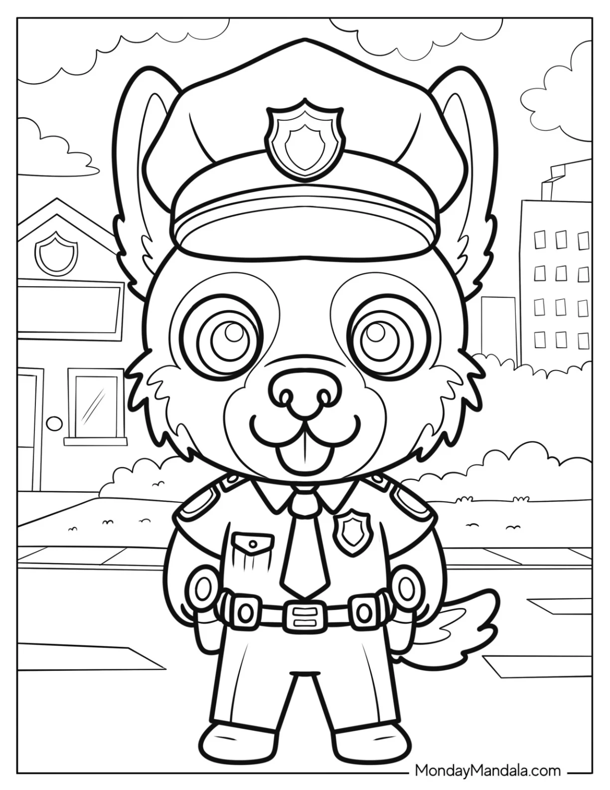 Cartoon Police German Shepherd Coloring Page Patrolling the City for Kids coloring page
