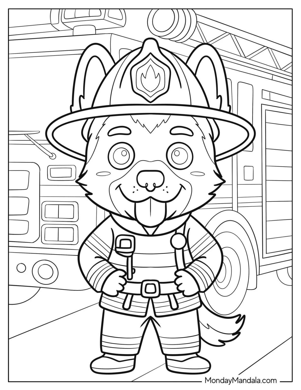 Cute German Shepherd Coloring Page Fireman in front of a Firetruck for Kids coloring page