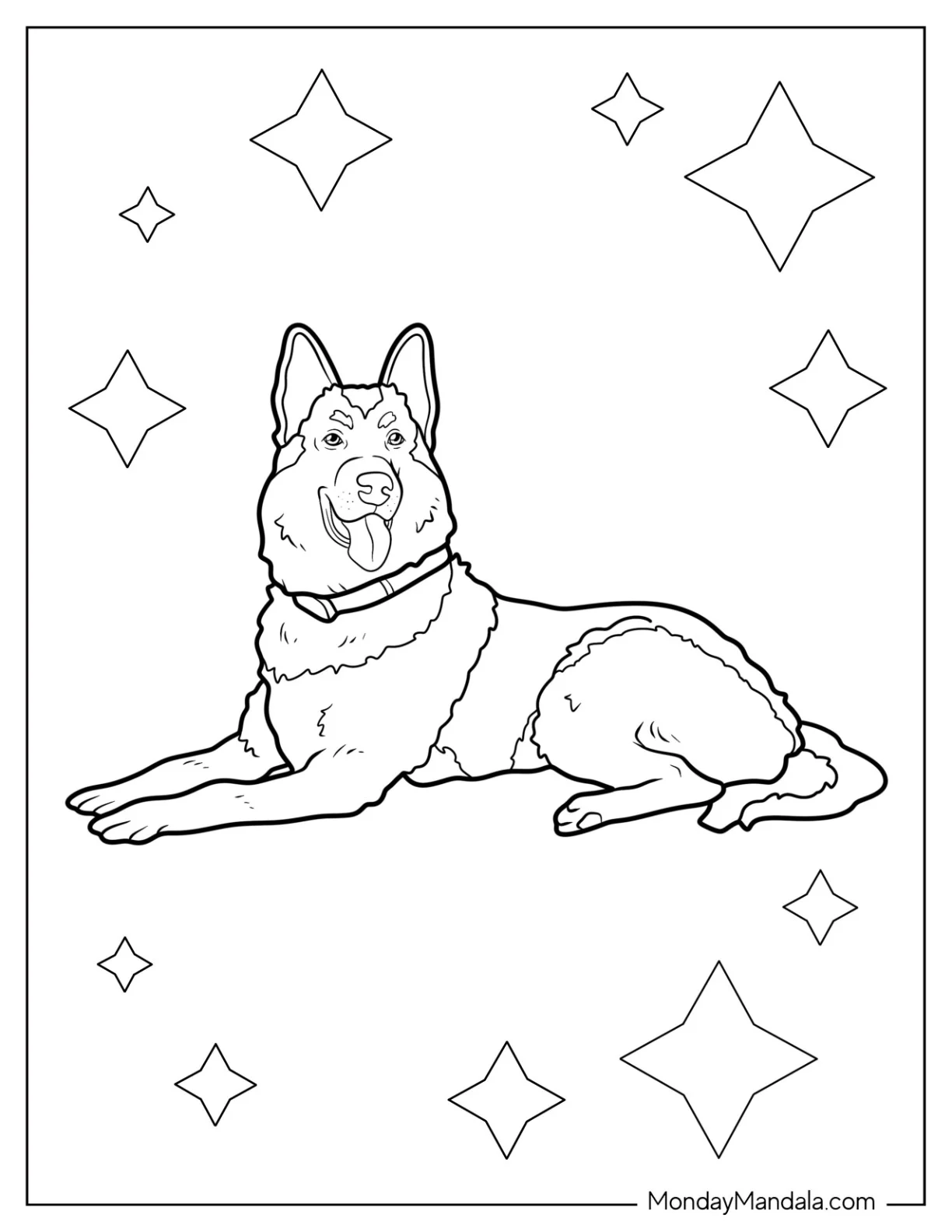 Detailed German Shepherd Coloring Page With Collar Lying Down coloring page — printable line art