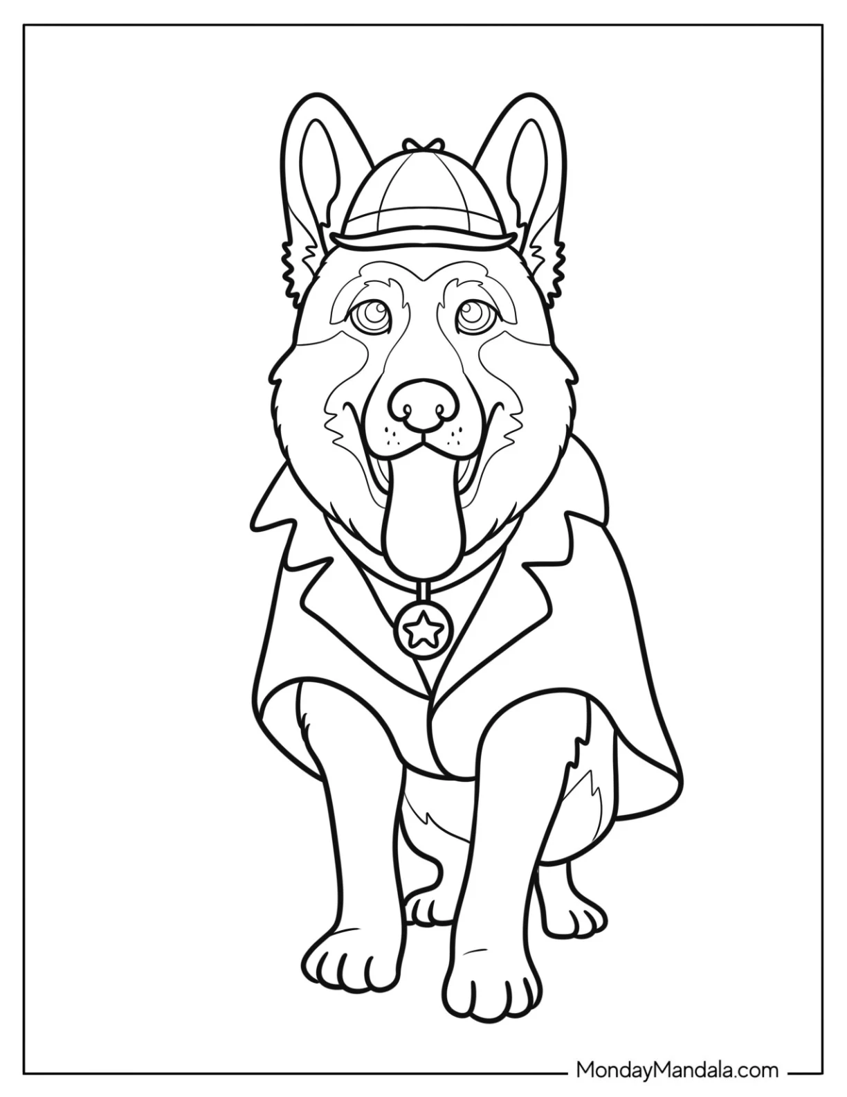 Detective German Shepherd Coloring Page with Coat and Hat coloring page