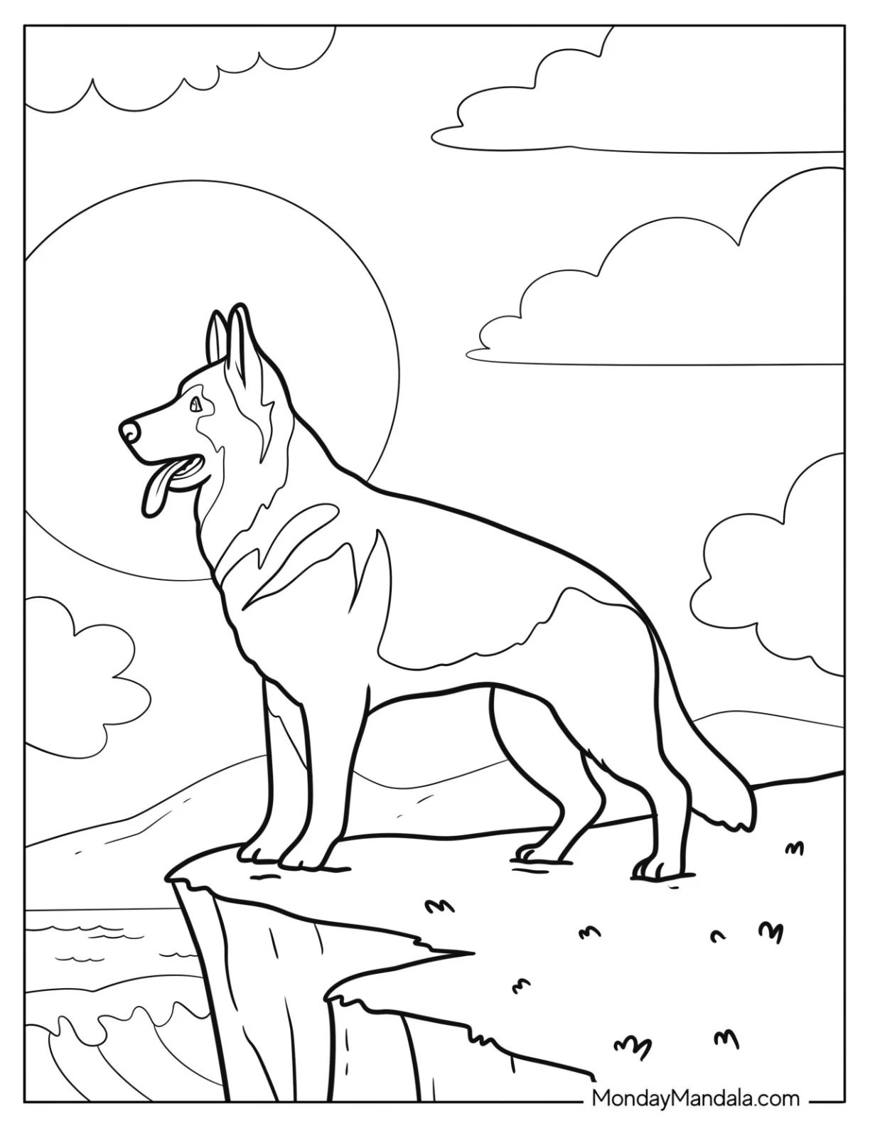 Easy German Shepherd Coloring Page Standing on a Cliff with a Full Moon for Kids coloring page