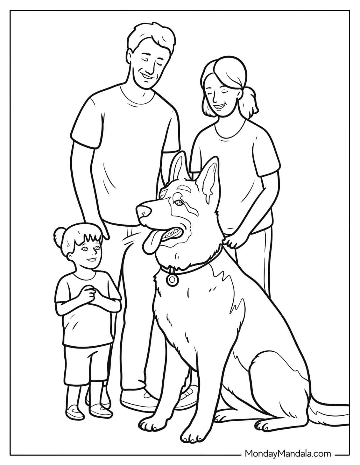 Family Fawning Over Their German Shepherd Coloring Page coloring page — printable line art