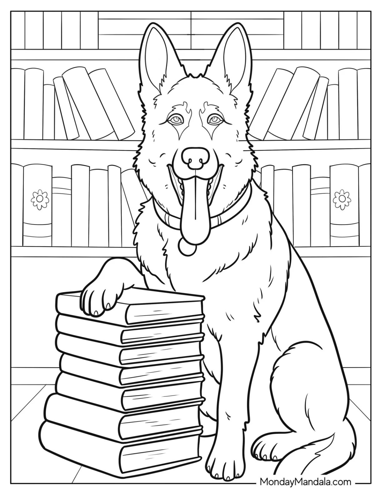 Furry German Shepherd Coloring Page with Paw on a Stack of Books in a Library coloring page
