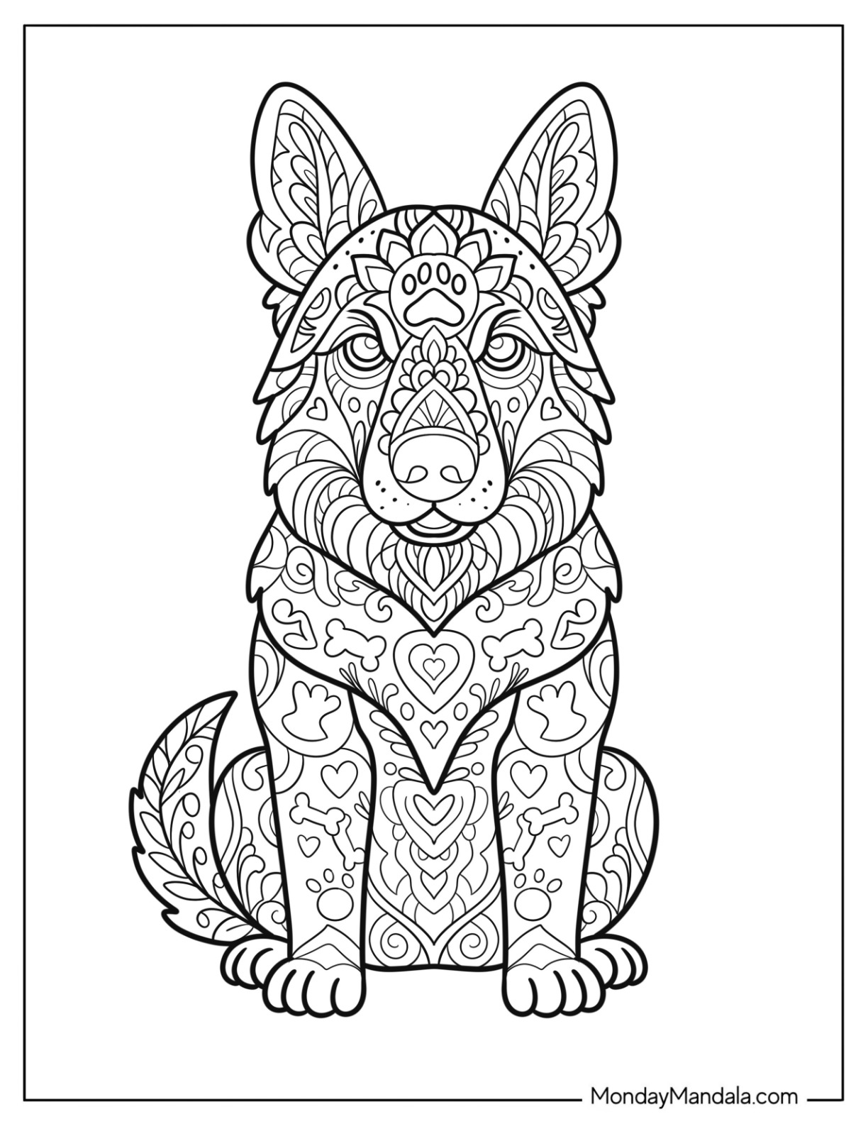 German Shepherd Coloring Page Mandala with Floral Patterns coloring page — printable line art