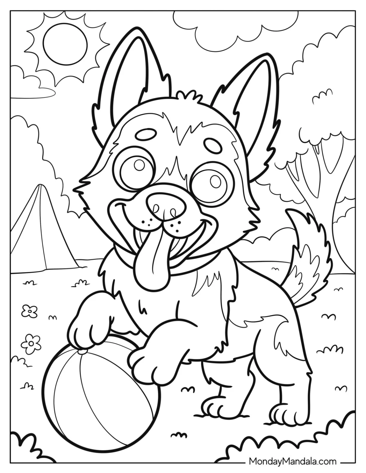 German Shepherd Coloring Page Puppy Playing with a Ball in the Park for Kids coloring page