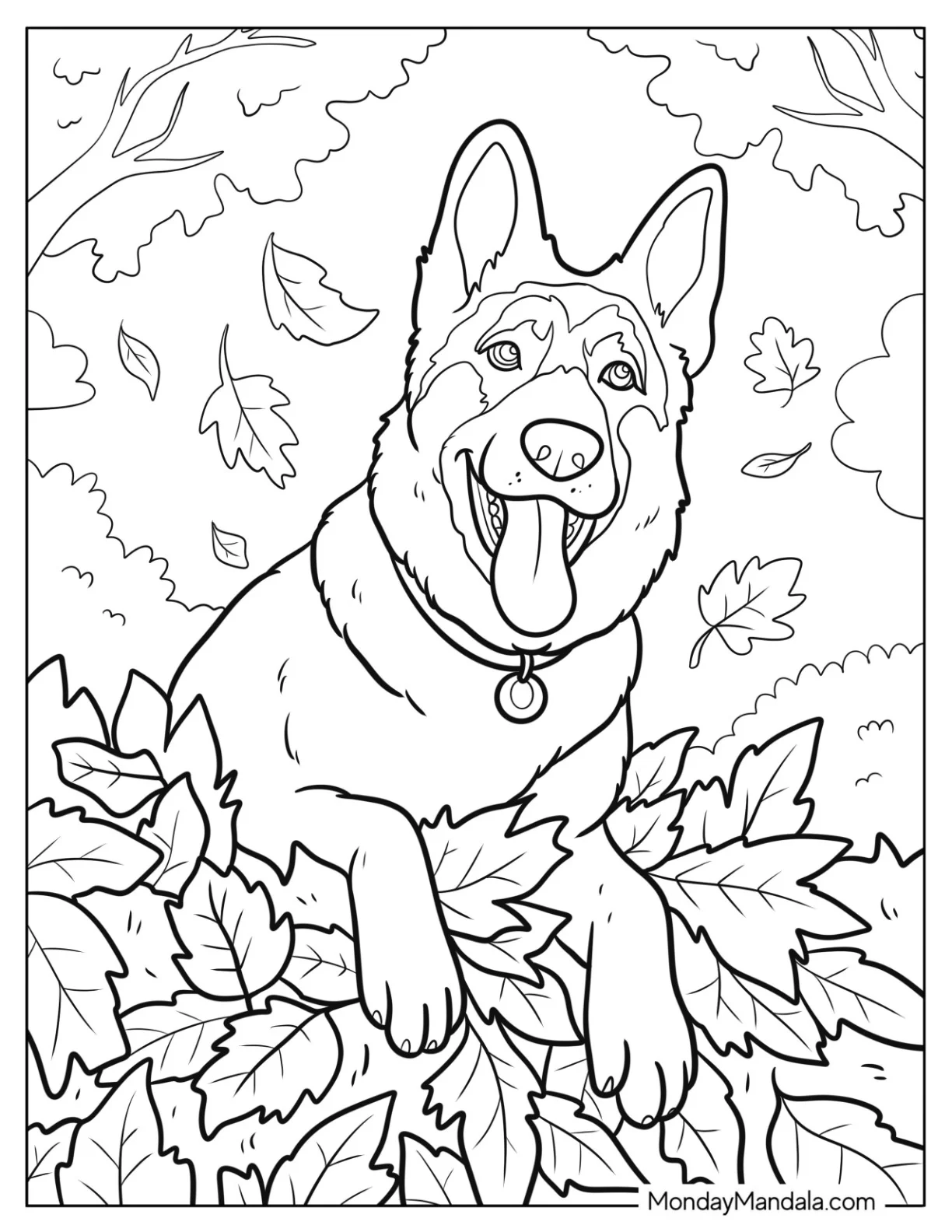 German Shepherd Coloring Page with Collar Playing with Fall Leaves coloring page