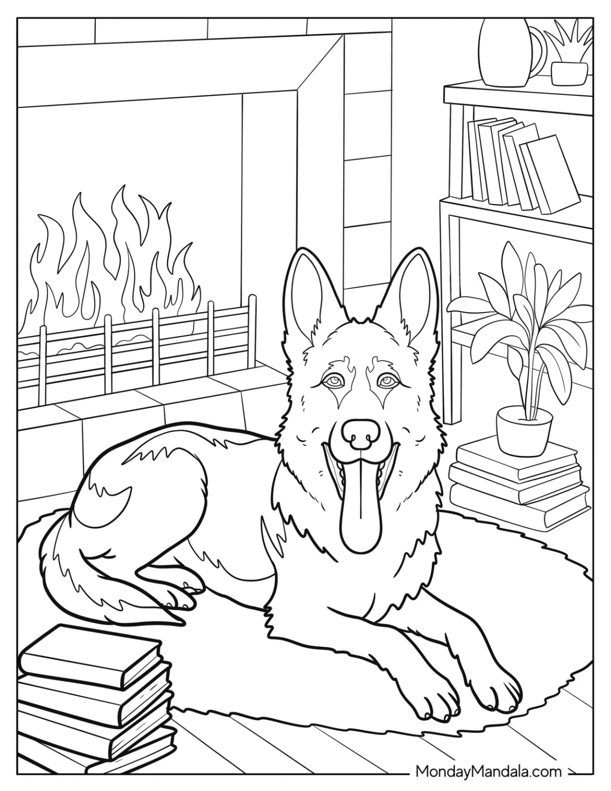 German Shepherd Coloring Page with Tongue Out in Living Room with Fireplace coloring page