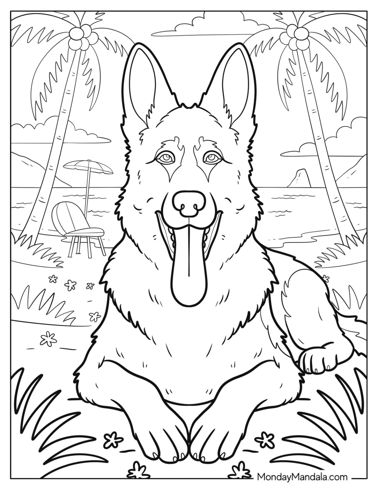Massive German Shepherd Coloring Page Lounging at the Beach with Coconut Trees coloring page