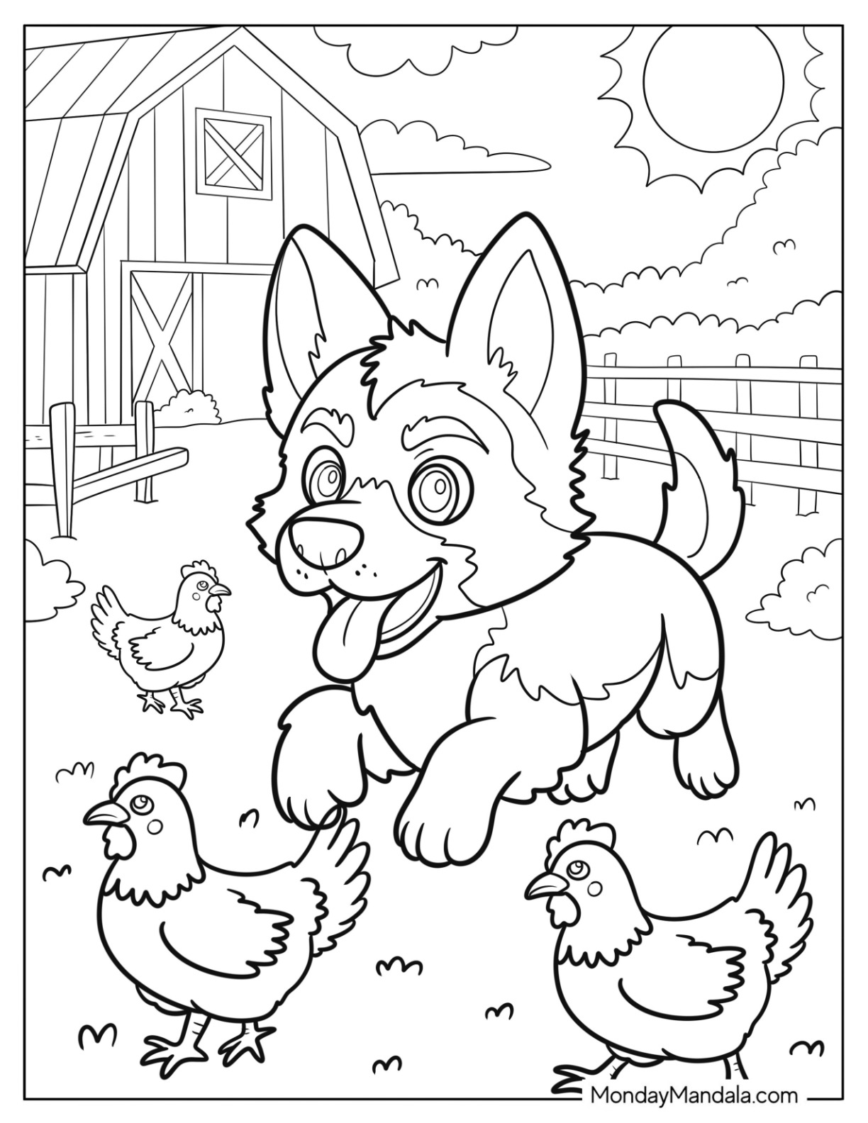 Playful German Shepherd Coloring Page Puppy Chasing Chickens in the Farm for Kids coloring page