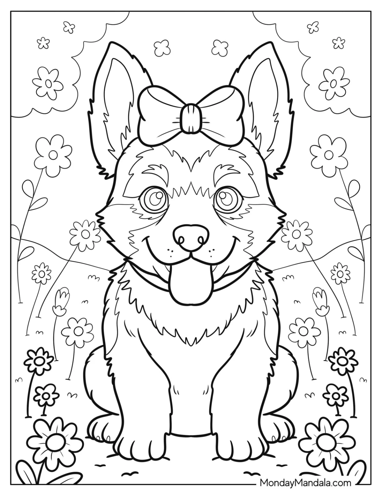 Pretty German Shepherd Coloring Page with a Bow Sitting in a Flower Field coloring page