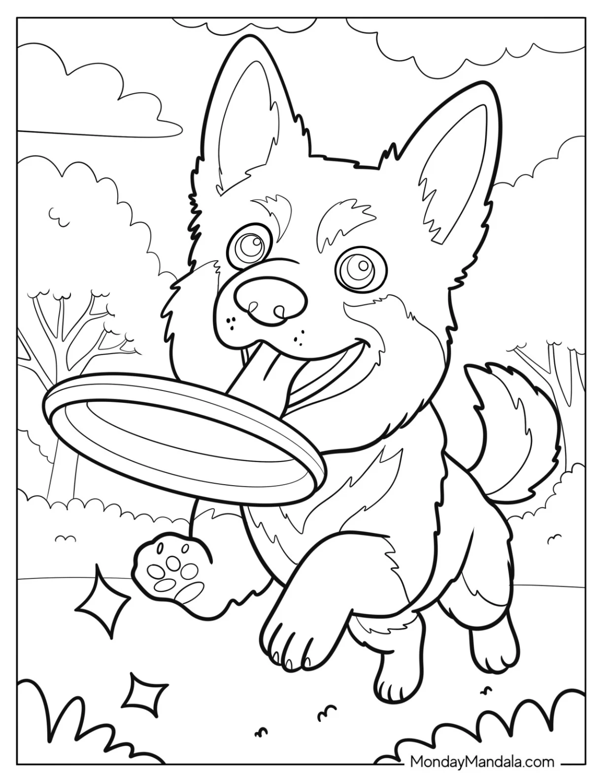 Puppy German Shepherd Coloring Page Chasing a Frisbee for Kids coloring page