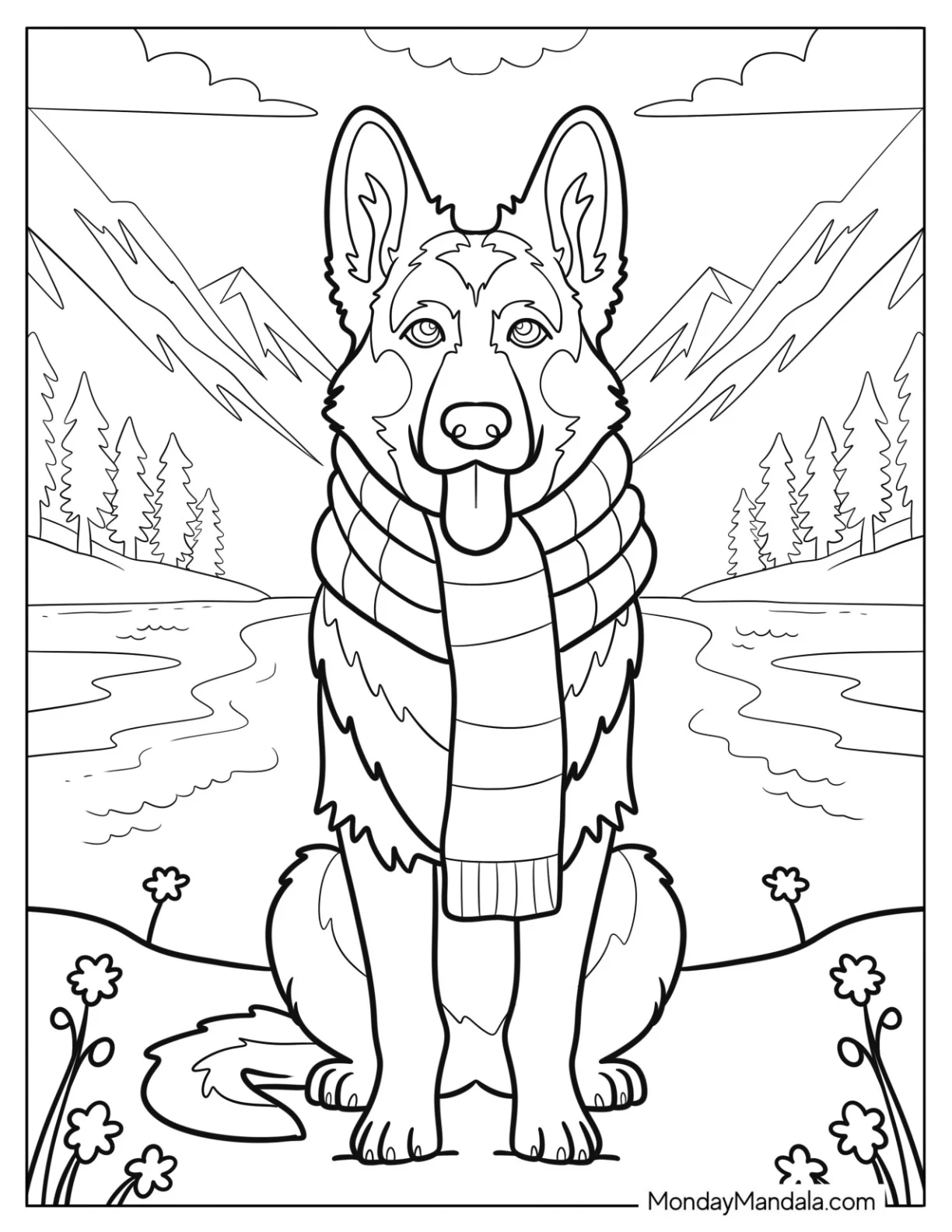 Realistic German Shepherd Coloring Page with Long Scarf in Mountainous Terrain coloring page