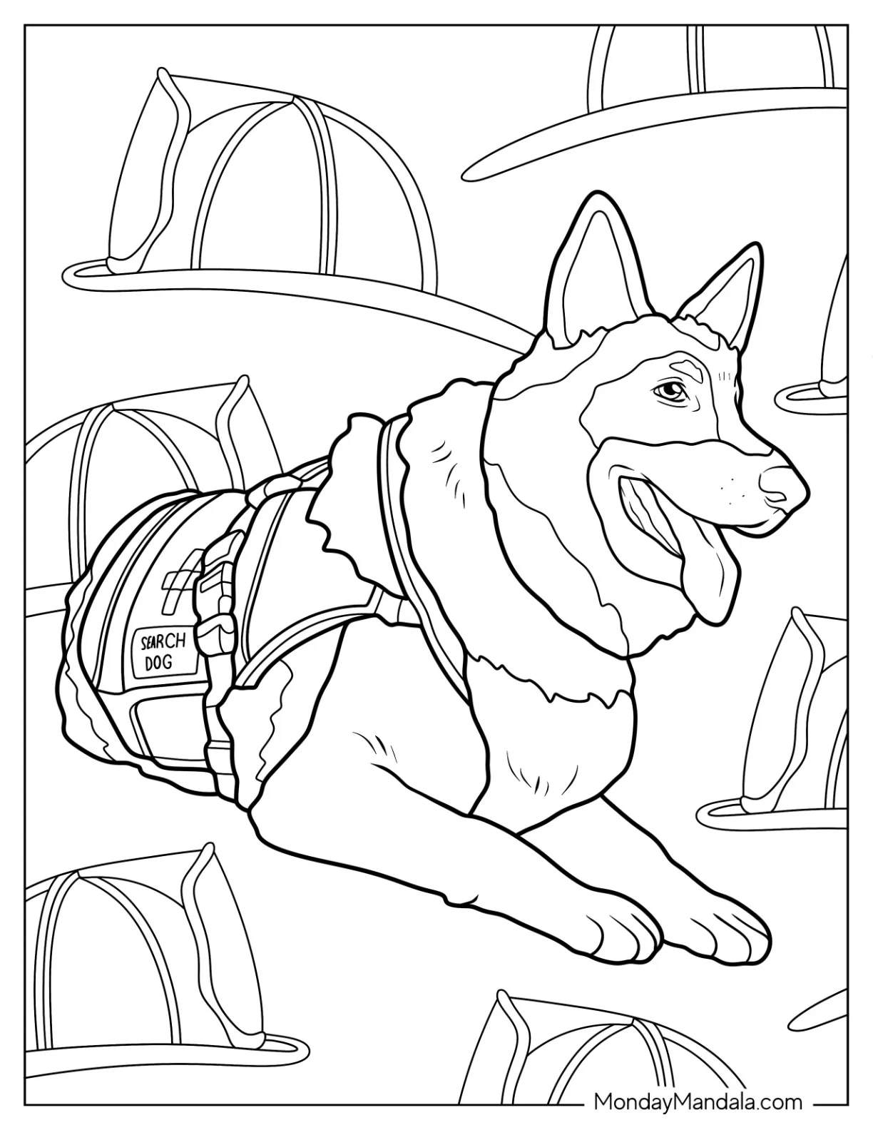 Search Dog German Shepherd Coloring Page Wearing Vest coloring page